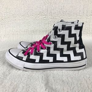 Converse Black & White Chevron High Tops w Pink 7